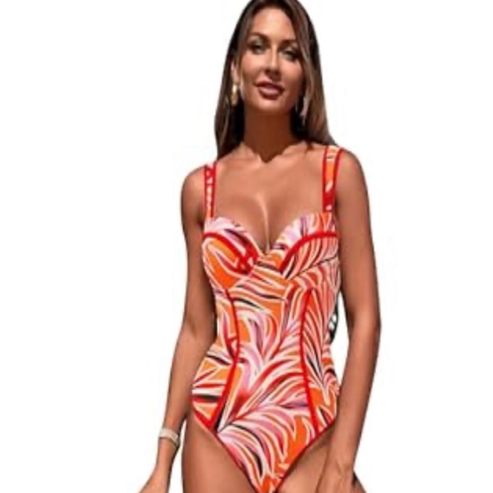 Vibrant Red and Orange , white One Piece Swimsuit women’s large nwot